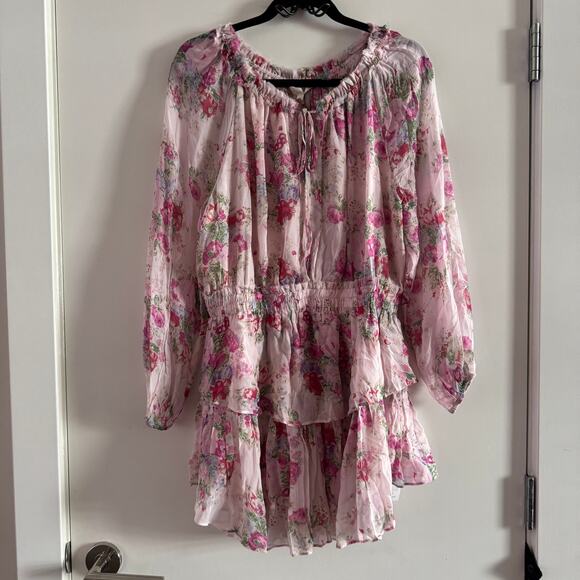 New LoveShackFancy Popover Mini Dress Pink Floral Layered Smocked Ruffled Sz L - Picture 4 of 11